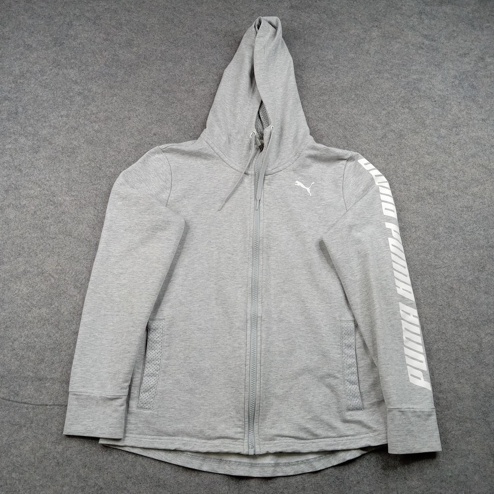 Puma Hoodie Mens Medium Gray Gym Full Zip Lightweight Sweatshirt Sleeve Logo